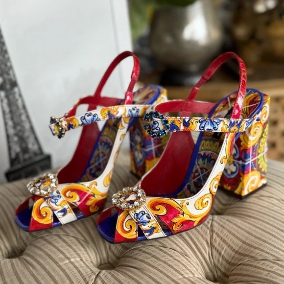 Dolce & Gabbana unique sling back sandals heels colorful luxury shoes rare - Picture 12 of 12